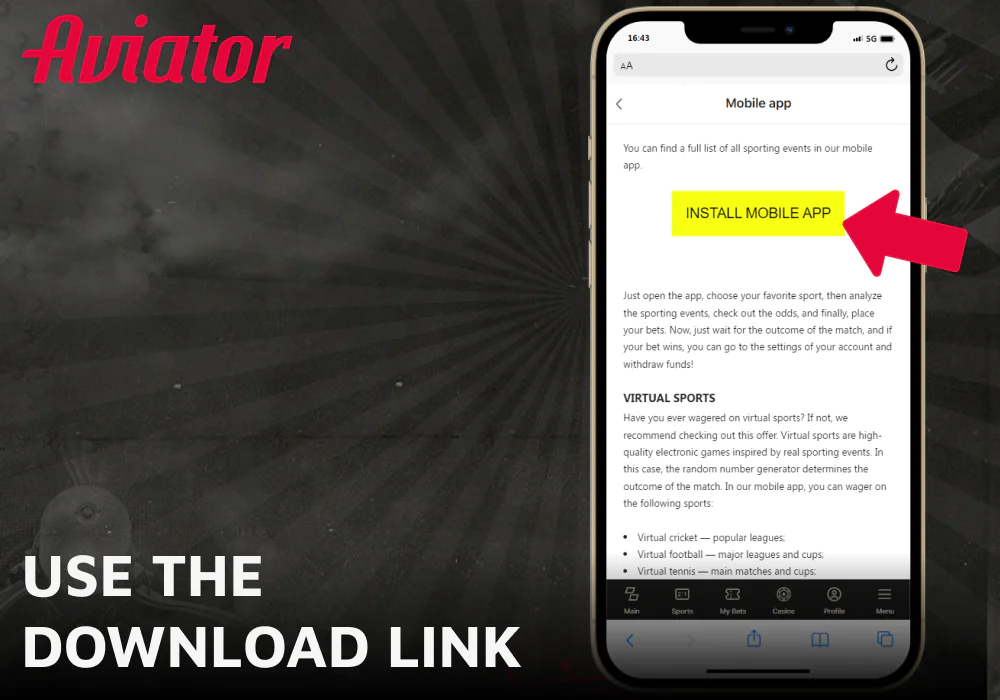 Use the download link to save the Aviator app on your device