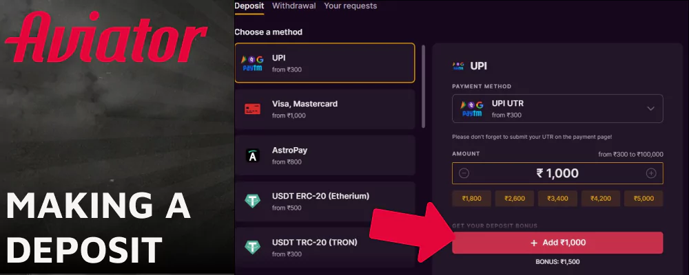 Instructions on making deposits on Batery for Aviator players from India
